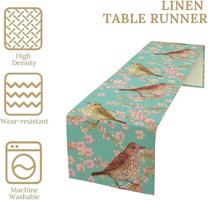 Table Runner with Flowers and Birds, Spring Plant Flowers Table Decoration Linen Table Runner Family Party Party Decorations 13x70 Inches