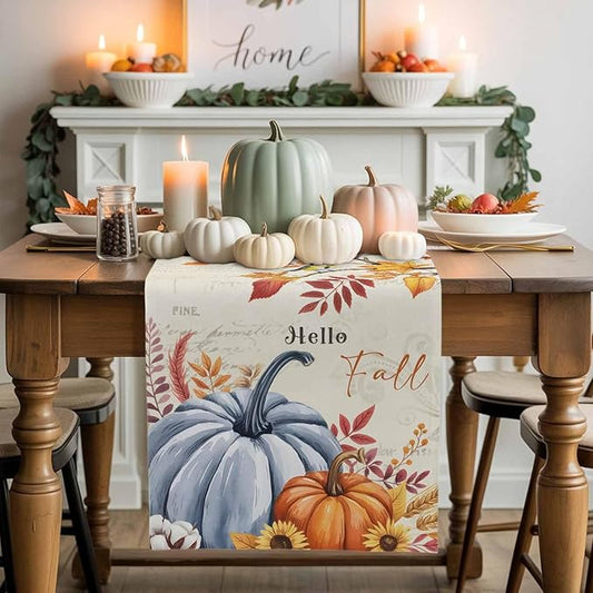 Thanksgiving Fall Cotton Linen Table Runner for Dining Kitchen, Blue Pumpkins Rustic Wedding Outdoor Party Autumn Tablerunners Decoration, Leaves Dresser Scarf Coffee Tablecloth Runners 13x90 Inches