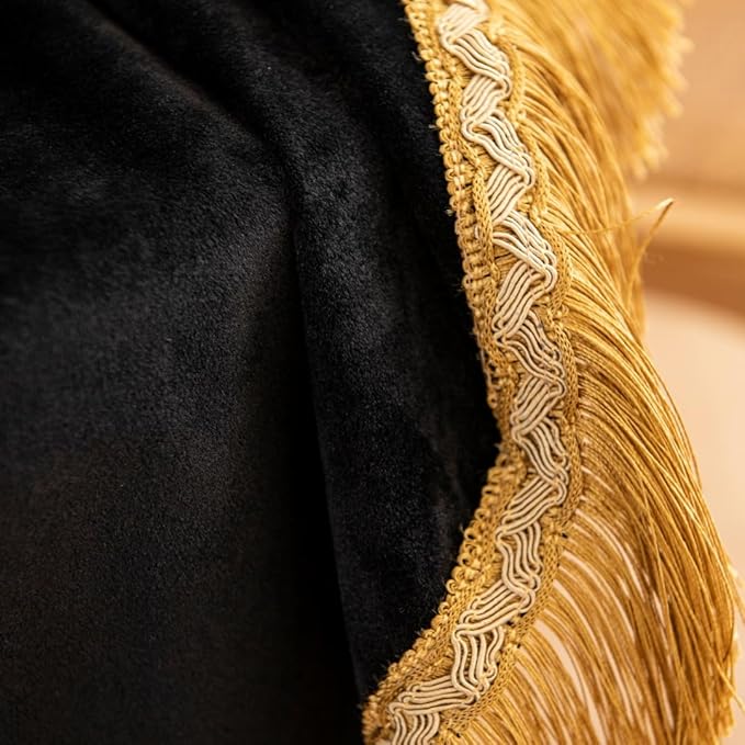 F-CHU Luxury Black Tablecloth Thickset Velvet Tablecloth with Beautiful Gold Tassels Vintage Table Cloth for Home Decor Wedding, Party, Banquet and Events 48" Round