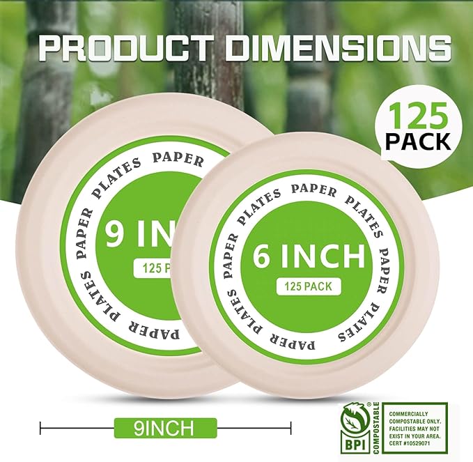 Disposable Paper Plates, 9 inch Heavy Duty Paper Plate, Soak and Cut Proof, Natural Biodegradable Bagasse Plates for Microwave, Dinner, Party, Picnic,125 Pack