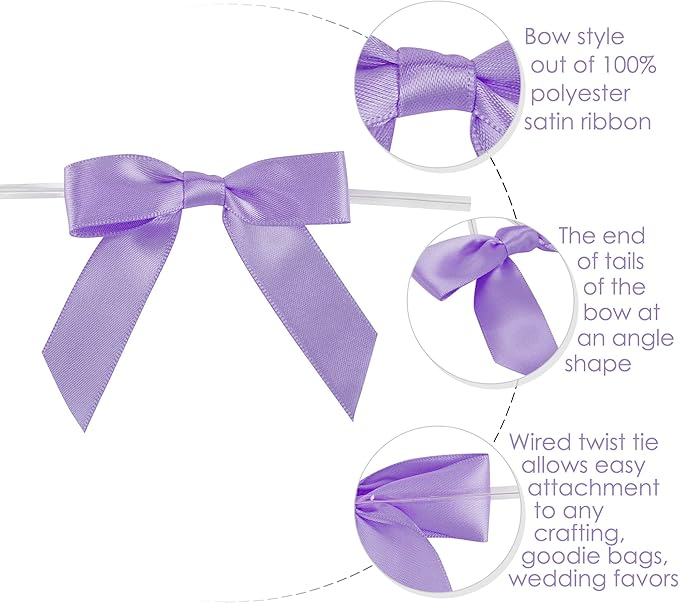 AIMUDI Lavender Satin Ribbon Twist Tie Bows 2.5" Purple Pretied Bows Premade Craft Bows for Treat Bags Cake Pop Gift Wrapping Basket Wedding Favors Cookie Candy Bagging Baby Shower - 50 Counts