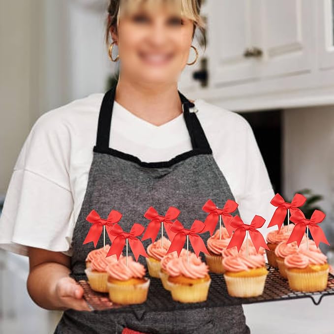 24 PCS Bow Cupcake Toppers Bowknot Cake Toppers Bow Cupcake Picks Bowknot Birthday Party Decorations Bow Cake Dessert Picks for Wedding Bridal Engagement Baby Shower Birthday Party Supplies Red