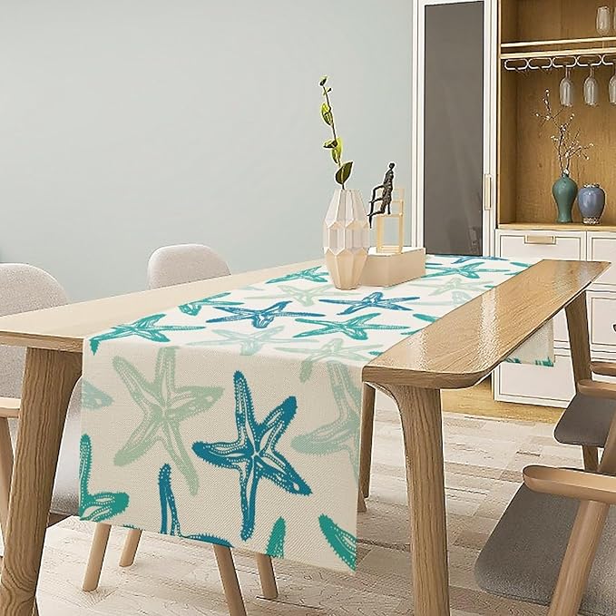 Starfish Plaid Table Flag Green Plaid and Marine Life Starfish Kitchen Table Flag Suitable for Birthday Party Restaurant Decoration Outdoor Picnic 13x36 Inch