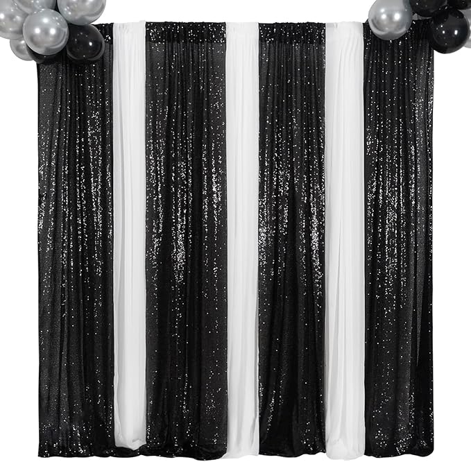 Poise3EHome 2ft x 8ft Black Sequin Photography Backdrop Curtains 2 Panels for Party Decoration, Black