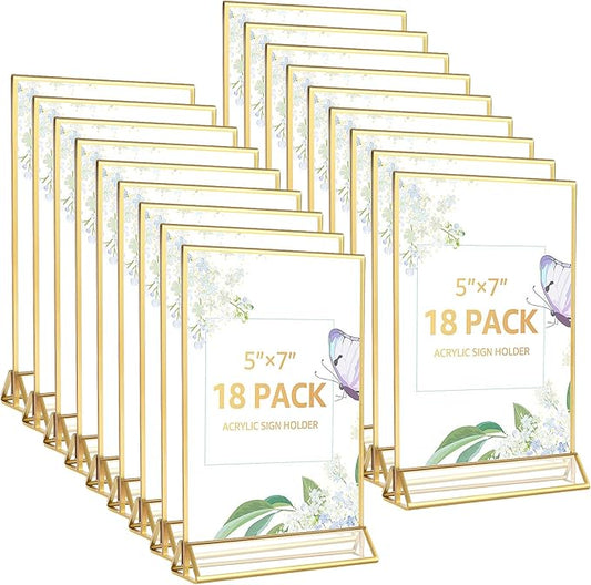 18 Pack Acrylic Sign Holder, 5x7 Inch Double-Side Gold Picture Frames Stands for Display, Vertical Table Top Sign Holders for Wedding, Party, Offices, Table Numbers, Home