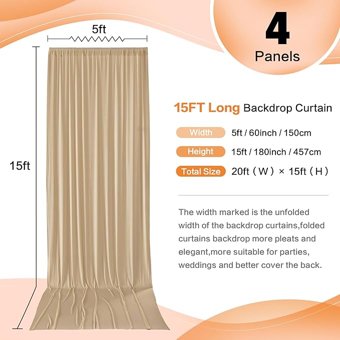 20ft x 15ft Beige Wrinkle Free Backdrop Curtains for Parties,Silky Polyester Fabric Wedding Ceiling Drapes, 4 Panels 15ft Photo Back Drop Drapes for Baby Shower Photography Stage Background Cloth