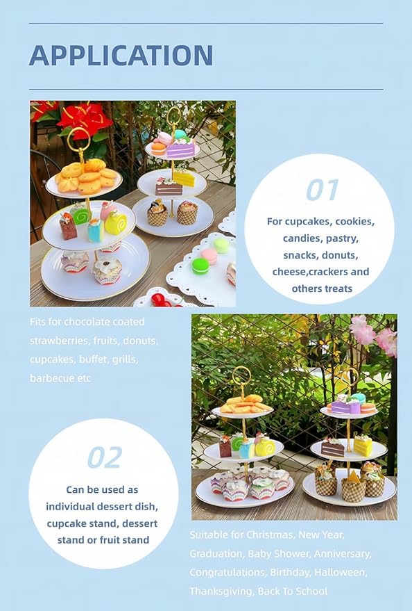RAUVOLFIA 3 Tier Plastic Cupcake Stand, Tiered Serving Cake Stand, Round White Dessert Stand, Weddings Parties Pastry Serving Tray (2 Pack, White Plate with Gold Rim)