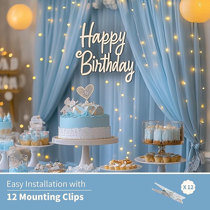Baby Blue Tulle Backdrop Curtain with Lights String - 10x8ft Sheer Backdrop with 250 LEDs for Wedding, Baby Shower, Bridal Shower, Birthday Party Photo Shoot Background and Home Decorations