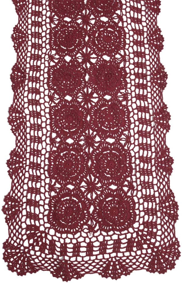 KEPSWET Cotton Handmade Crochet Lace Table Runner Wine Red Rectangle Coffee Table Dresser Decor (14x72 inch)