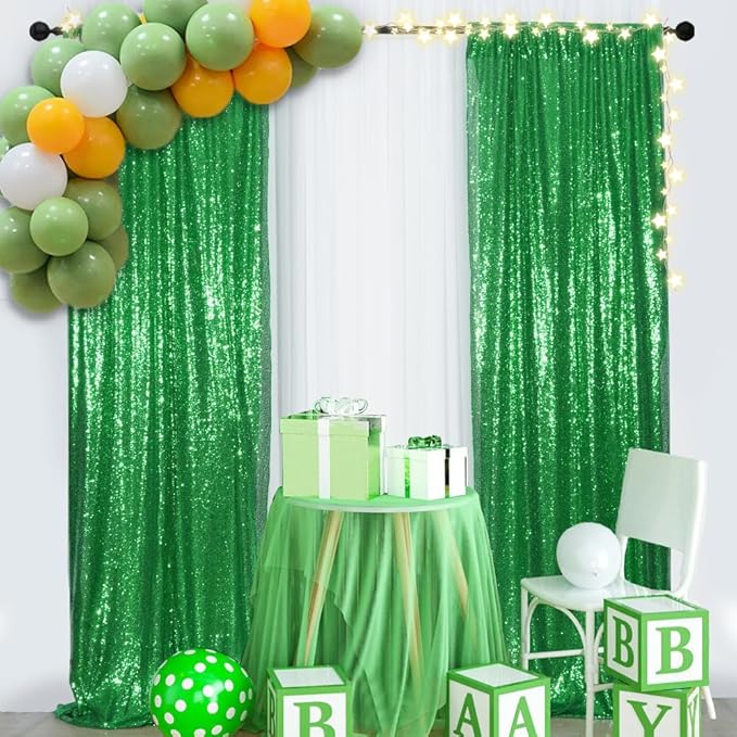SquarePie Sequin Backdrop 2FTx8FT Green 2pcs Curtain Background for Wedding Party Christmas Decoration