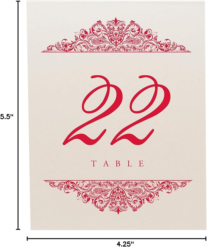 Paisley Wedding Table Numbers (Select Color/Quantity), Champagne, Ruby Red, 1-40, Double Sided, Tent or Use in a Stand, Great for Parties & Restaurants - Made in the USA