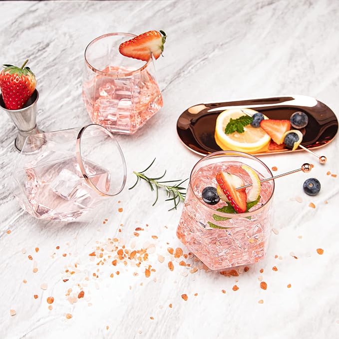 LUODA Rose Gold Diamond Shaped Plastic Stemless Wine Glasses Set of 24, Disposable 12 Oz Rose Gold Plastic Whiskey Glasses for Birthday, Housewarming and Weddings