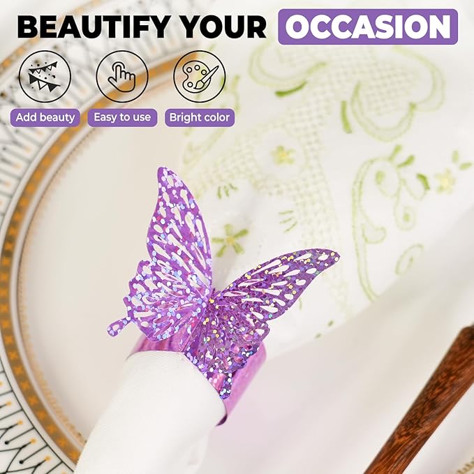 100 Pcs 3D Purple Sequined Butterfly Napkin Rings Silverware Wraps Bands,Iridescent Table Setup Wedding Valentines Day Event Party Supply Table Settings, Glossy Serviette Buckles Decor（Purple）