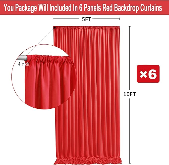 30ft x 10ft Thick Red Backdrop Curtains for Parties, 6 Panels 5ft x 10ft Non See Through Red Polyester Wedding Drapes Photo Backdrop for Birthday Party Graudation Photography Home Decor