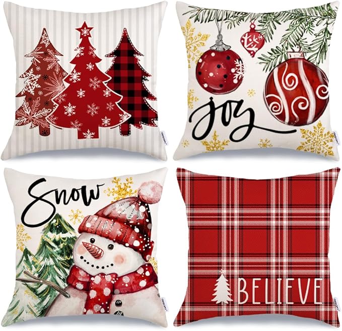GEEORY Winter Christmas Throw Pillow Covers 18 x 18 Inch Set of 4, Xmas Trees Snowflake Snowman Joy Holiday Farmhouse Decorative Cushion Cases for Home Decoration G583-18