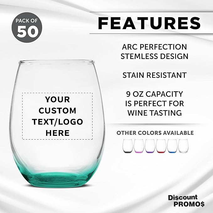Custom Stemless Wine Glass 9 oz. Set of 50, Personalized Bulk Pack - Great for Wedding Favors, Bachelorette Party Decorations, Party Favors, Color Bottom - Green