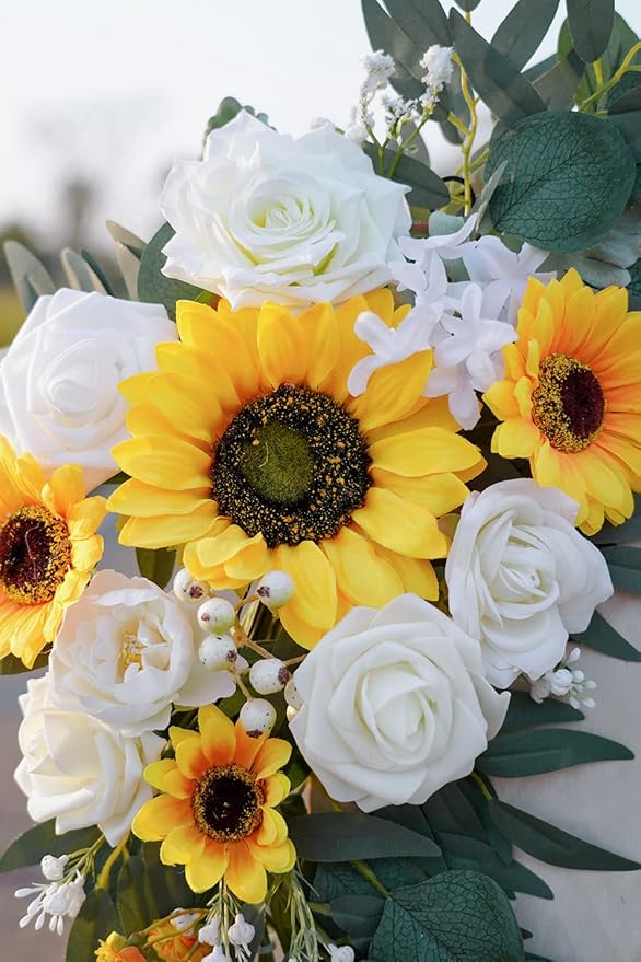 Ponatia Artificial Wedding Arch - Flowers (Pack of 2), White & Sunflowers for Wedding Welcome Signs and Ceremony Decorations