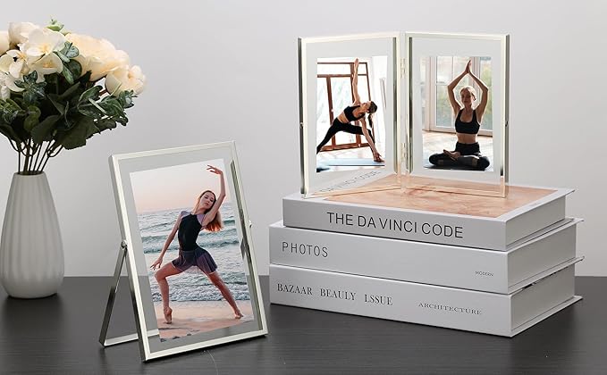 Silver 4x6''Double Floating Frame For Photo Sizes 2x3'',3.5x5'', For Desk/Shelf Display,Gift Choice Photo Frame for Wedding, Christmas,Home or Office Decor