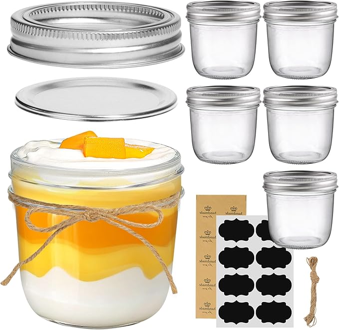 ComSaf Wide Mouth 8 oz Mason Jars with Lids, 6 Pcs Small Mason Containers, Canning Jars, 8oz Glass Jar with Lid, Canning Jars for Jams, Jelly, Sauces, Desserts, chia pudding, Pickle, Gift