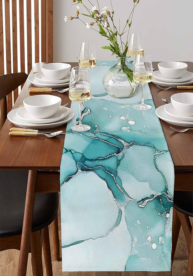 Turquoise Marble Cotton Linen Table Runner for Dining Kitchen, Wedding Outdoor Party Tablerunners Decoration, Nature Marble Crack Country Retro Dresser Scarf Coffee Tablecloth Runners 13x108 Inches