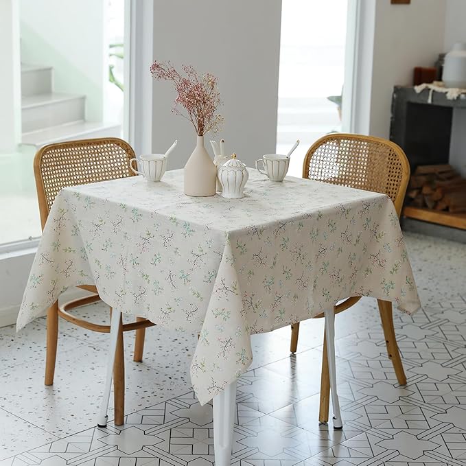 Pastoral Square Tablecloth - 52 x 52 Inch - Beige Linen Table Cloth - Washable Table Cover with Dust-Proof Wrinkle Resistant for Restaurant, Picnic, Bistro, Indoor and Outdoor Dining, Gardenia