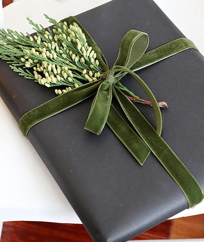 Olive Green Christmas Velvet Ribbon for Tree, Gift Wrapping, Flower Bouquet, Wreath Decorations, Bow Making 5/8'', 25 Yards