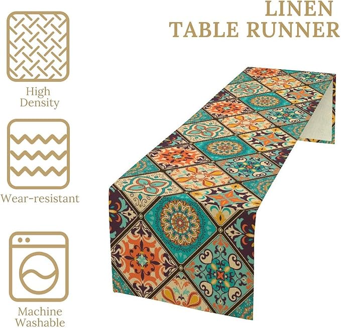Bohemian Patchwork Table Runnerboho Colorful Tile Patchwork Indian Floral Print Table Runner for Home Kitchen Indoor Outdoor Party Wedding Decor, 13x36inch