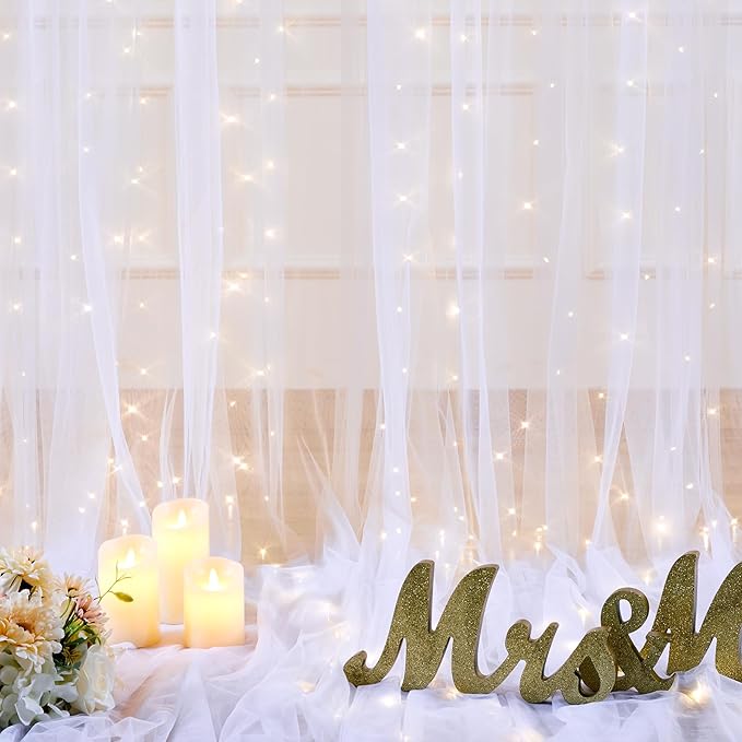 White Tulle Backdrop Curtain with Lights String for Parties Wedding Bridal Shower Sheer White Curtain Backdrop for Birthday Baby Shower Photo Booth Photography Background Decorations 10ft x 8ft