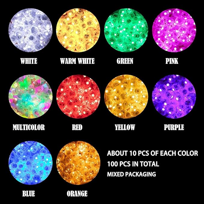 Aogist 100pcs Balloon Lights,Long Standby Time Waterproof Twinkle Mini Light,Battery Powered,Round LED Ball Lamp for Balloon Paper Lantern Party Wedding Christmas Halloween Decorative,10 Colors Flash