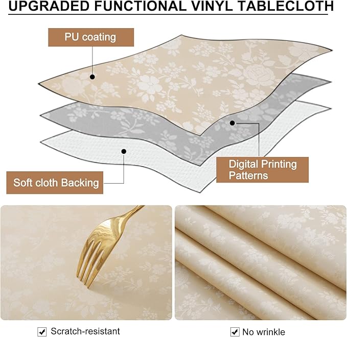 Smiry Rectangle Table Cloth, Waterproof Heavy Duty Vinyl Tablecloths, Wipeable Washable Table Cover for Kitchen and Dining Room (Beige, 70" X 90")