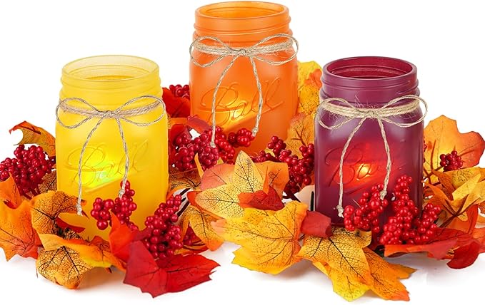 Fall Mason Jar Centerpieces for Tables – Thanksgiving Table Decorations with Autumn Leaves & Berries, Autumn Candle Holder Wreath Rings, Fall Taper Candle Rings for Dining Table