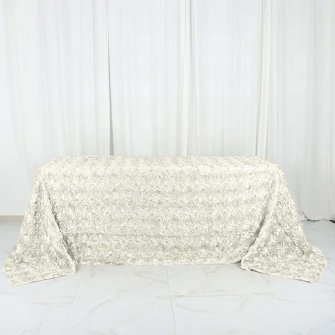Efavormart 90"x132" Wholesale Rectangle Table Cover Ivory Grandiose Rosette 3D Satin Tablecloth for Wedding Party Event Decoration