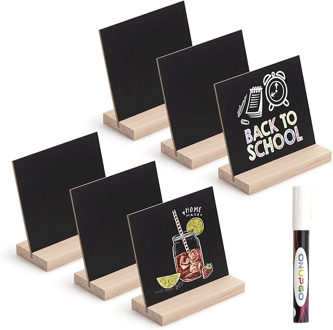 ONUPGO Chalkboard Signs with Wood Base Stands, 10X12cm Vintage Wooden Tabletop Decorative Chalkboard Sign, Message Chalkboard Sign for Party, Restaurant, Wedding, Set of 6