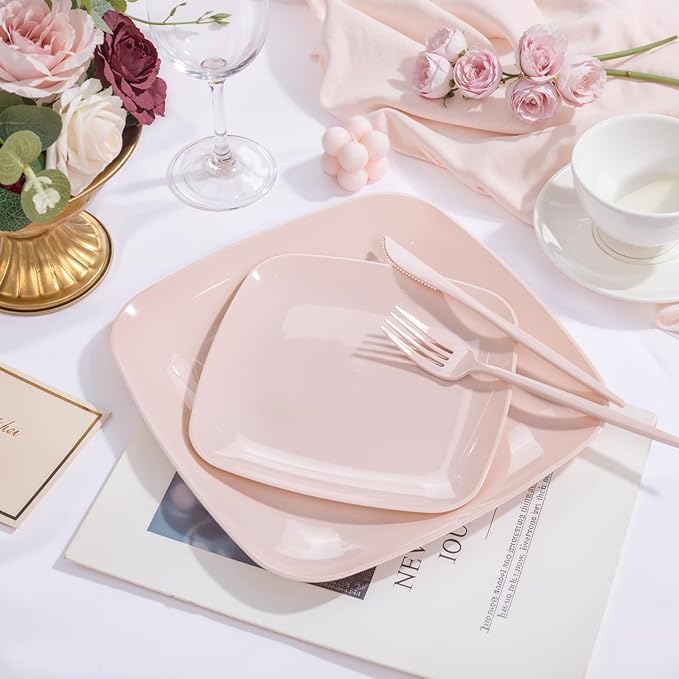 PULOTE 60PCS Pink Square Plastic Plates Disposable - Premium Quality Pink Set Include 30 Dinner / 30 Dessert Plates for Party,Wedding & Mother’s Day