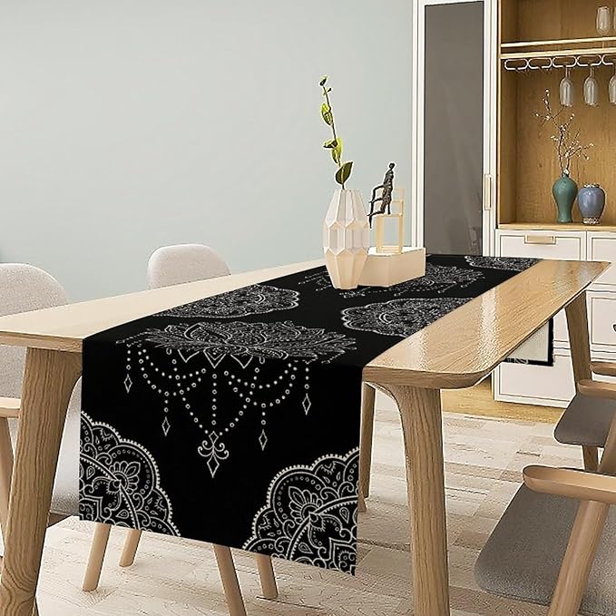Lotus Flower Table Runner, Bohemian Ethnic Oriental Mandala Black White Floral Print Table Runner for Home Kitchen Dining Indoor Outdoor Dinner Party Decor, 13x36inch