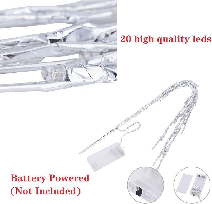 Lxcom Lighting LED Branch Lights 4 Pack 30 Inch Lighted Silver Wrapped Vase Filler Willow Lighted Twig Branch Battery Powered Twig Branches 20 LED Decorative Lights for Home Party Decor, Warm White