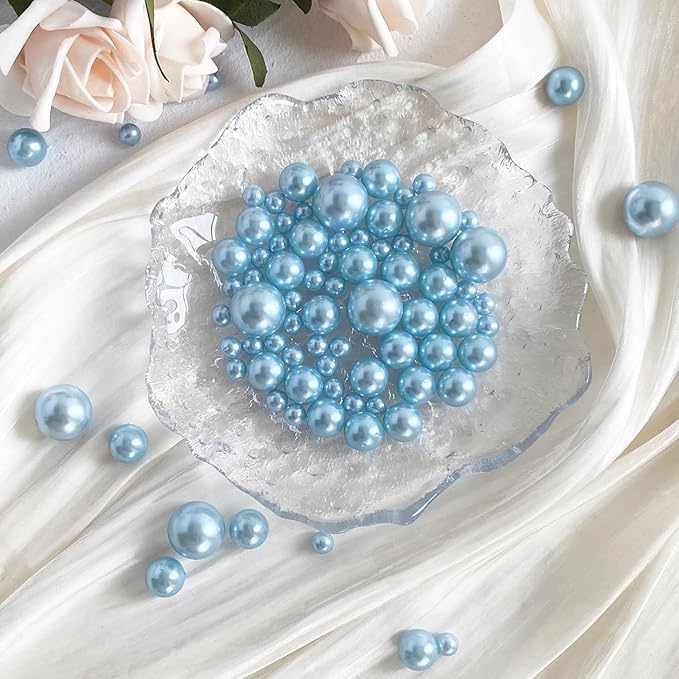 260Pcs Lightblue Glossy Beads - 6mm, 14mm, 18mm Round Plastic Pearl Beads for Centerpiece Decor, Wedding, Birthday, Christmas Party, Home Decor