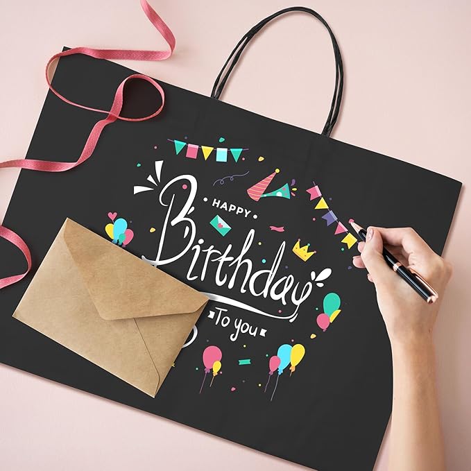 METRONIC 25 Pack Large Black Paper Gift Bags 16X6X12 Inches, Shopping Kraft Paper Bag with Handles, Small Business, Boutique, Gift Wrap, Bulk