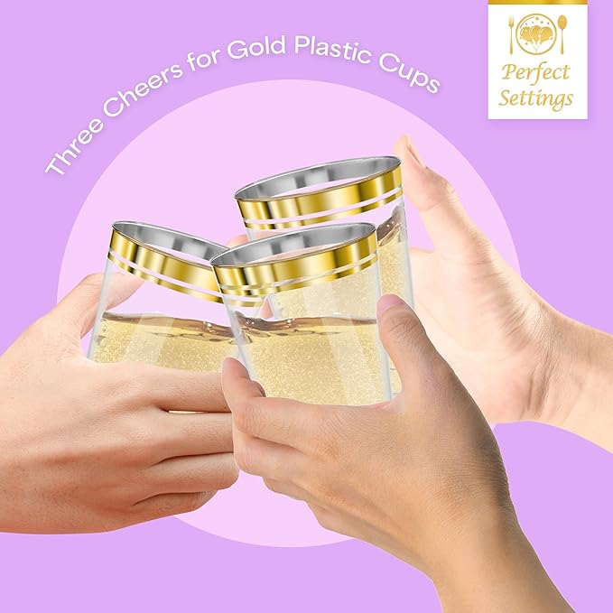 Perfect Settings Gold Rimmed Disposable Plastic Cups, Clear Hard Plastic Drinking Glasses for Cold Beverages & Cocktails, BPA-FREE, Disposable Wedding Cups, 16 oz. (Pack of 100)