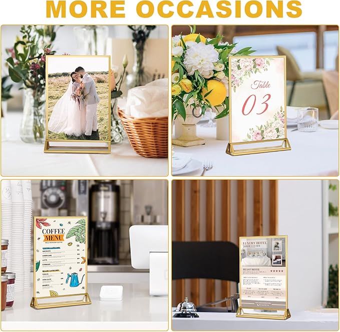 EHWINE 16 Pack Acrylic Sign Holder 8.5 x 11, Double Sided Gold Picture Frame Stand up Table Top Sign Holders, Clear Display Stand Menu Flyer Holder for Wedding Party (Provide Non-slip Mats)