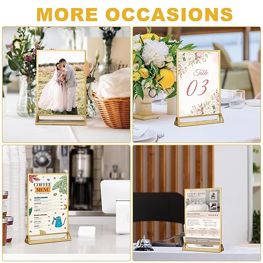 EHWINE 14 Pack 5×7 Clear Acrylic Sign Holder with Gold Borders and Vertical Stand, Double Sided Table Menu Holders Picture Frames for Wedding Table Numbers, Restaurant Signs, Photos and Art Display