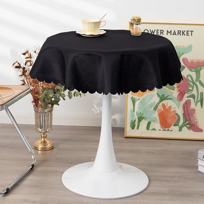 Round Black Tablecloth 48 Inch Polyester Fabric Washable Table Cloth Decorative Wrinkle Resistant Solid Color Table Cover for Kitchen Dinning Party Wedding Camping