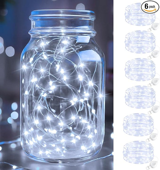 btfarm 6 Pack Fairy Lights Battery Operated, 7FT 20 LED Mini String Lights Waterproof Silver Wire for Mason Jars Centerpiece Table Crafts Bedroom Christmas Decoration, Cool White