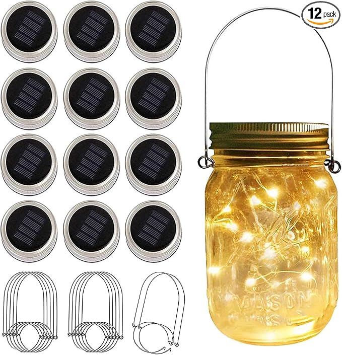 12 Pack Solar Mason Jar Lights for Outside, 30 LED Solar Mason Jar Lids Fairy Lights with 12 Hangers(No Jars) Outdoor Waterproof for DIY Patio Garden Yard Lawn Party Wedding Decoration Warm White