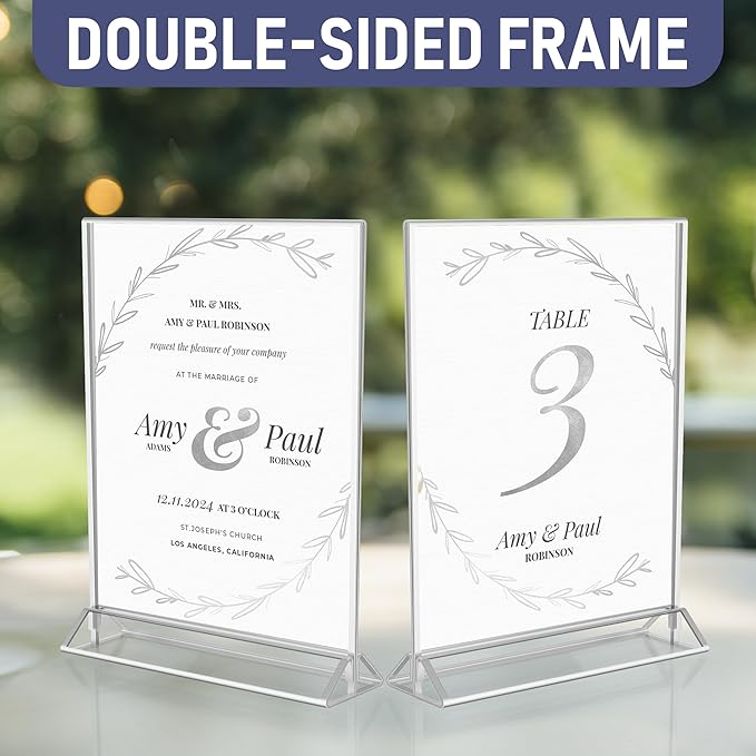 Silver Picture Frames Double-Sided, 6-Pack 5x7 Acrylic Table Number Holders, Clear Easel Stands for Signs, Silver Frames for Wedding Table Numbers, Menu Holders, Photo Displays for Events and Décor