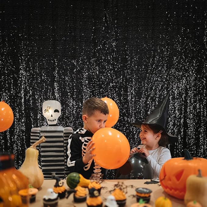 SquarePie Sequin Backdrop 8FT x 8FT Black Curtain Background for Halloween Wedding Party Christmas Decoration