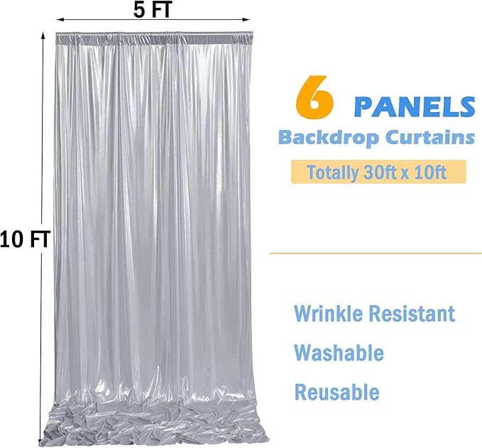 30ft x 10ft Silver Sequin Backdrop Curtain for Parties, Wrinkle Free Thick Glitter Photo Backdrop Drapes 6 Panels 5x10FT Back Drop Cloth Shimmer Fabric for Wedding Birthday Photography Background