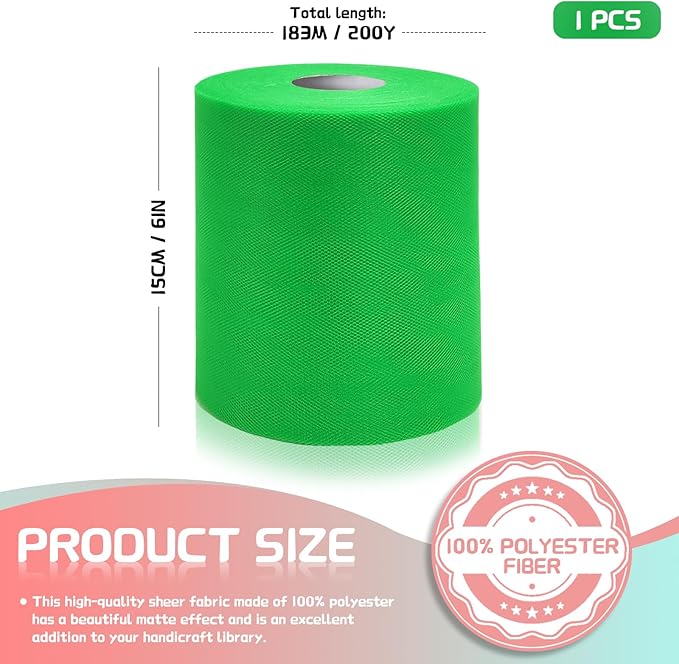 6" x 200 Yards Emerald Green Tulle Fabric Rolls, Green Spool Tulle Ribbon for DIY Tutu Skirt Gift Wrapping Bow Wedding Decoration Baby Shower Birthday Party Backdrop Craft Supplies
