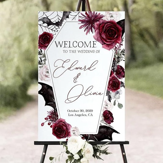 Halloween Wedding Welcome Sign, Wedding Sign, Halloween Wedding Sign, Wedding Decorations, Black Wedding Gothic Welcome Sign, Halloween Couples Shower, Welcome Wedding Sign With Stand