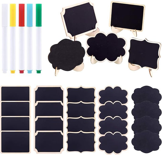 Swpeet 30Pcs 5 Designs Mini Chalkboards Signs with Liquid Chalk Markers Assortment Kit, Chalkboards Blackboard for Weddings, Birthday Parties, Table Numbers, Message Board Signs and Event Decoration
